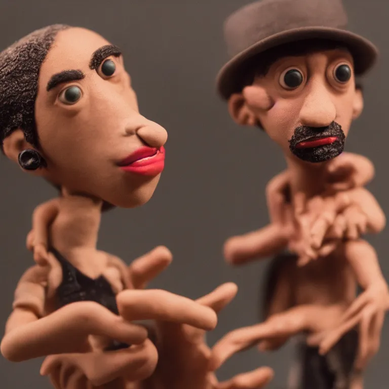 Image similar to a cinematic film still of a claymation stop motion film starring outkast, shallow depth of field, 8 0 mm, f 1. 8