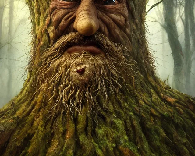 Prompt: a talking tree, a face in the bark, nose made of wood, eyes in the bark, fantasy concept art, big moustache, digital painting, oil painting, hyperrealistic, beautiful, treebeard, ent, magical, highly detailed, soft lighting, golden sunlight, very detailed eyes, artstation, cgsociety, in the forest, by alan lee, by artgerm