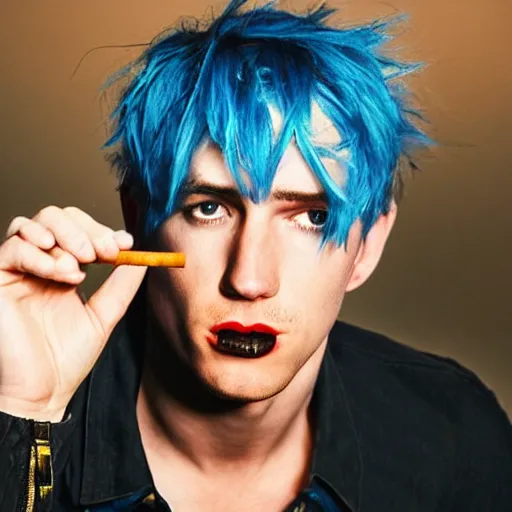 Image similar to a skinny white male singer with medium-length messy blue hair smoking a cigarette