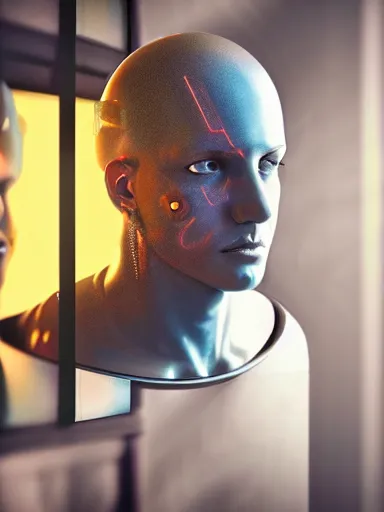 Prompt: a portrait of a cyborg in the mirror, futuristic, cyberpunk, 4 k, hyperrealistic, raytracing, dynamic lighting, hdr, accurate