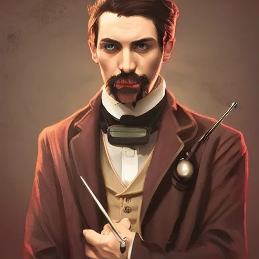 Image similar to a victorian doctor with a gun, young man, vampire, dark brown duster, short brown hair, brooding, character art, full body art, Dungeons and Dragons, D&D, trending on artstation, artgerm, 4k ultra hd, sharp focus, digital art by Ilya Kuvshinov and Ross Tran,