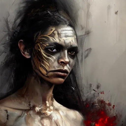 Prompt: portrait of the god of death, beautiful female face, angelic, black woman, golden eyes, dark, blood, by jeremy mann, by lucian freud, oil painting, god rays, female warrior, warrior face painting red, wings, gothic, holding a weapon, intricate, highly detailed, trending on artstation, award winning, cinematic