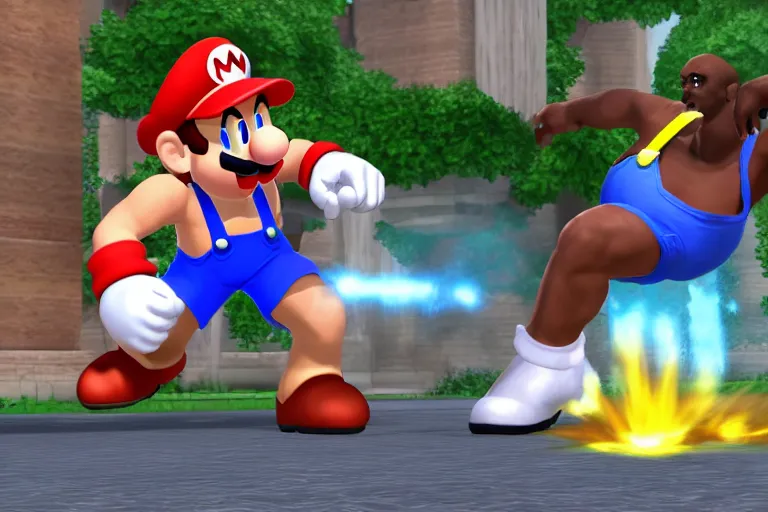 Prompt: a bald black teenager in a white tanktop and blue jeans fighting mario in super smash bros, game screenshot, 4k,