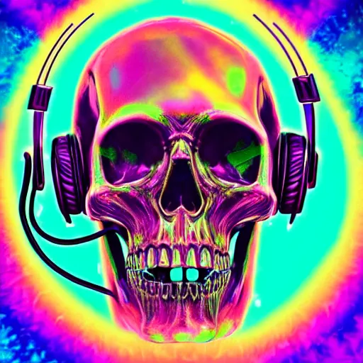 Image similar to melted human skull with headphones, retrowave, synthwave, psychedelic background with sacred geomerty elements in style of alex gray, digital art, artstation