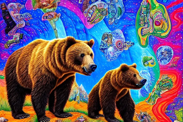 Prompt: a realism painting of a grizzly bear observes the space - time continuum on heroic dose of psilocybin by chris dyer, alex grey, android jones, and aaron brooks, highly detailed and realistic