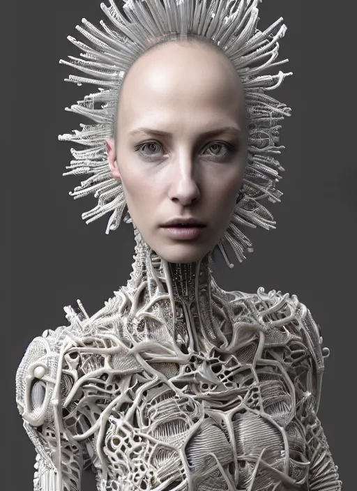 Prompt: complex 3 d render hyper detailed ultra sharp scifi futuristic beautiful biomechanical humanoid woman with porcelain ivory face, medium shot rim light portrait, close - up, iris van herpen cyberpunk daisies corals haute couture headdress with rhizomorph finials spires, brackets, fractal embroidered puffballs, filigree lace, octane render, 8 k