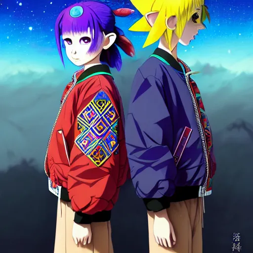 Image similar to majora majora's mask wearing oversized mayan bomber jacket with overalls, bulky poofy bomber jacket with mayan patterns, aztec street fashion, genshin impact art style, gapmoe yandere grimdark, trending on pixiv fanbox, painted by greg rutkowski makoto shinkai takashi takeuchi studio ghibli, akihiko yoshida