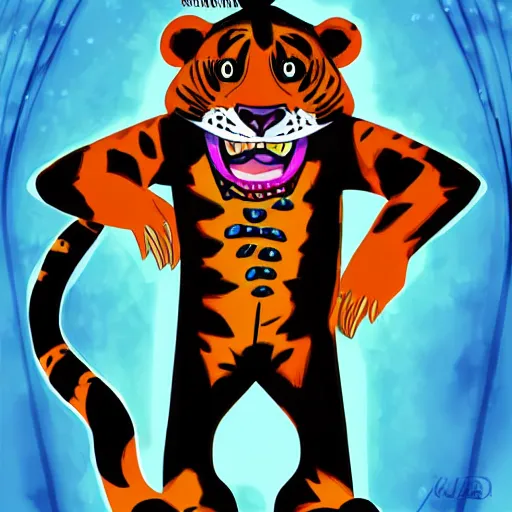 Image similar to A full-body portrait of Tony The Tiger dressed in gothic clothing and wearing eyeliner. Digital painting.