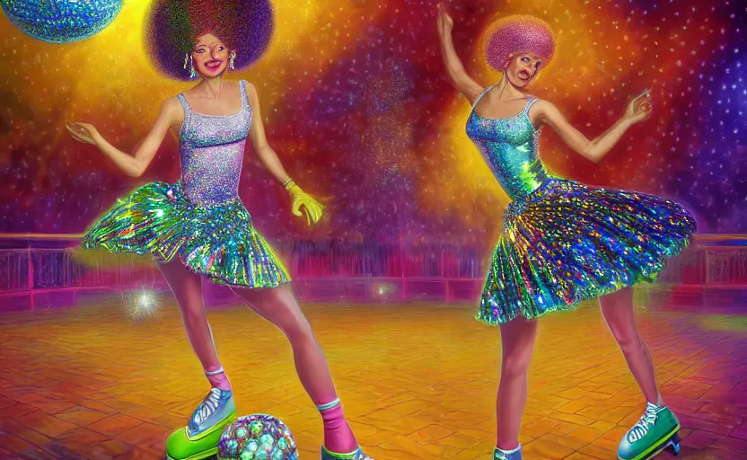 Image similar to Ultradetailed, hyperrealistic, a vintage roller skating diva wearing a disco ball skirt mirror tanktop with a disco ball afro in a psychedelic cosmic roller rink in the clouds, by Vladimir kush, by josib csoor, by Laurie Lipton, rendered in octane, volumetric lighting, retro color scheme, trending on artstation -20