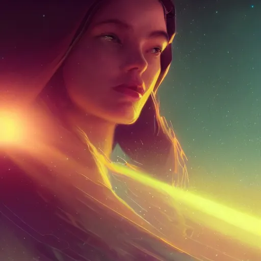 Prompt: a beautiful, powerful woman sitting in space, reaching her hand out toward the camera, emanating magic from her palms, extreme closeup, cgsociety contest winner, illustrated by mike beeple winklemann, greg rutkowski, and gaston bussiere, space art, portrait art, artstation, 4 k, 8 k