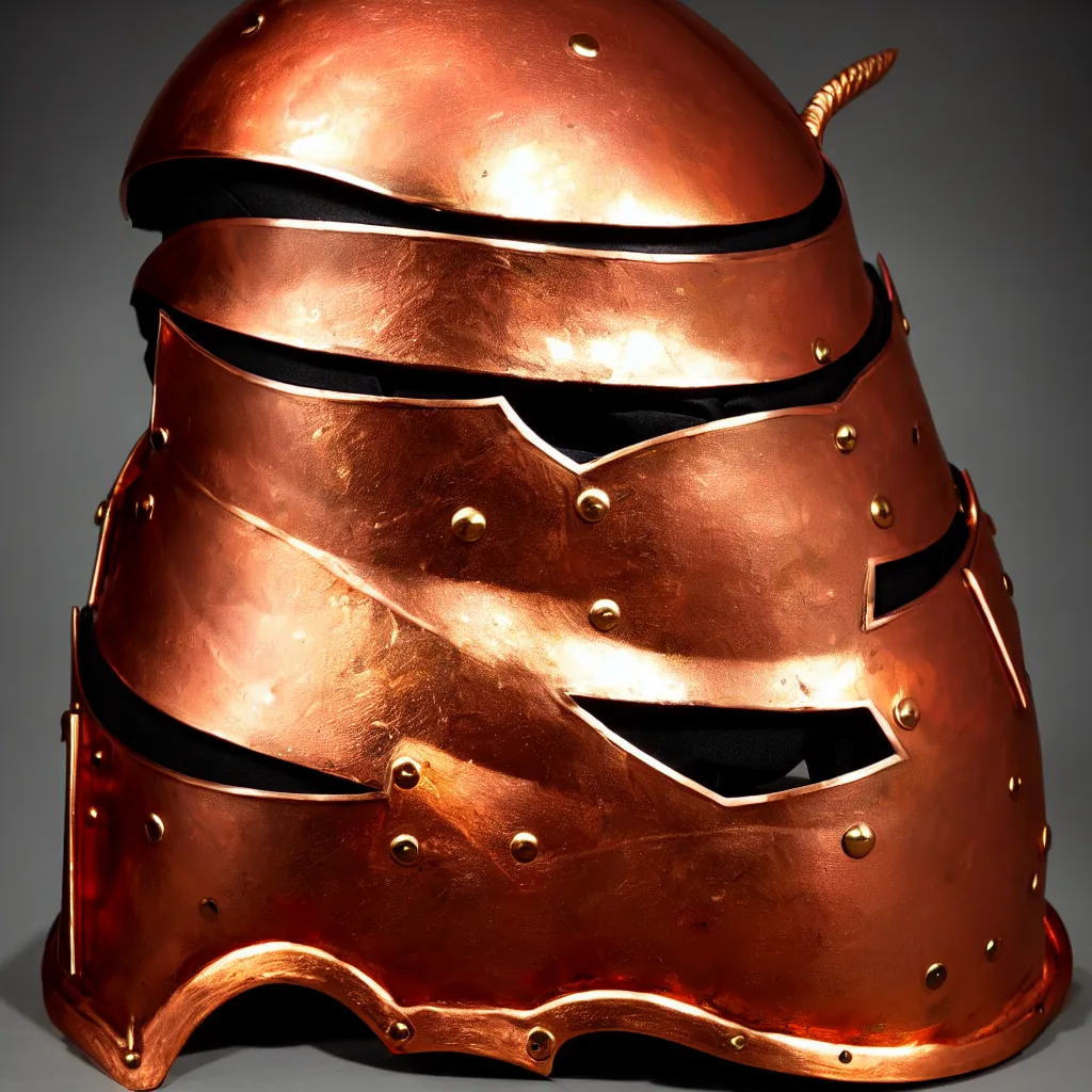 Image similar to a photo of a duel knight's helmet that is made of copper and gold, beautiful ornated details