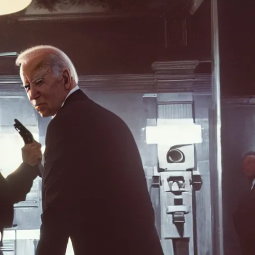 Image similar to joe biden is a terminator shooting donald trump, cinematic, establishing shot, extremly high detail, photorealistic, cinematic lighting, style by James Gurney