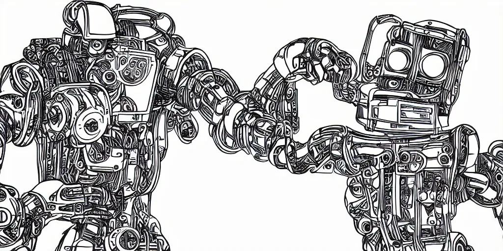 Image similar to a portrait of an ultra detailed mechanical robot with anthropomorphic look frond mid - level body view in black and white ink line art