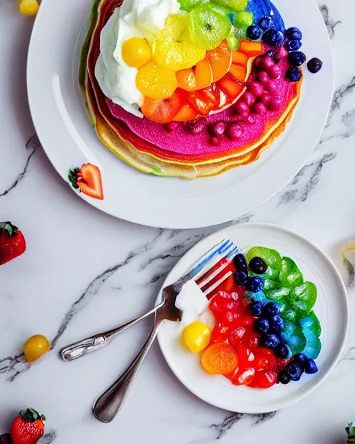 Image similar to realistic photo of delicious rainbow pancakes with fruits, whipped cream, white kitchen table, cloth, marble, highly detailed, by louise lister, sara ali, mary devinat, kailee mandel, sharp focus!!, masterpiece, award winning, elegant, instagram, high quality food photography