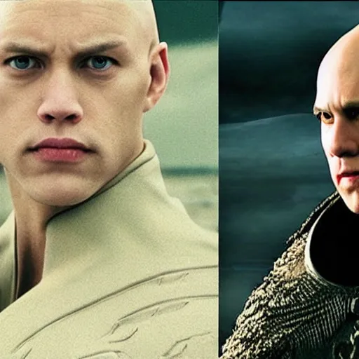 Prompt: bald Austin Butler as Feyd-Rautha Harkonnen in Dune, fighting in an arena