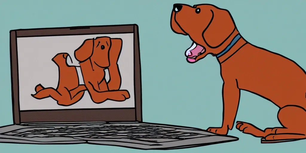 Image similar to cartoon illustration of a dog with its hind leg raised over a laptop computer