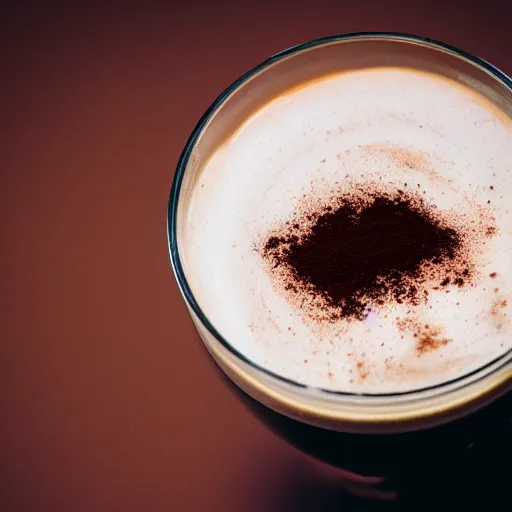 Prompt: food photography of hot chocolate drink in tall glass with cream on top and cocoa powder, canon macro lens, moody lighting - n 9