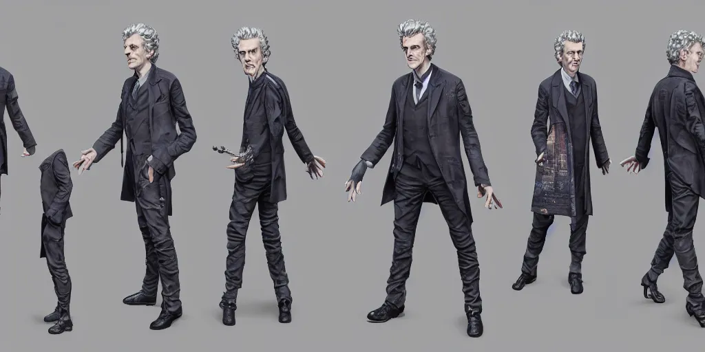 Image similar to peter capaldi as doctor who, character sheet, concept design, contrast, hot toys, kim jung gi, greg rutkowski, zabrocki, karlkka, jayison devadas, trending on artstation, 8 k, ultra wide angle, pincushion lens effect