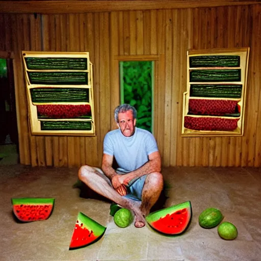 Image similar to a photo of jeffrey epstein sitting in a hut in hawaii with various square watermelons everywhere in the room, portra 4 0 0