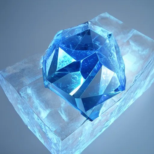 Image similar to subtle glowing crystal, 3d render, resting on the ground of a cerulean cave, walls of ice and bone, realistic, anime inspired, high octant render, smooth lighting,