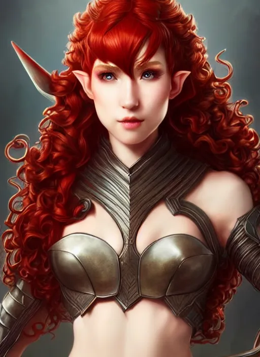 Image similar to leather armor!!! beautiful and elegant curly red hair female elf!! gorgeous ayes!! character concept art, sharp focus, octane render! unreal engine 5! highly rendered!! trending on artstation!! detailed linework!! illustration by artgerm, wlop, and chie yoshii