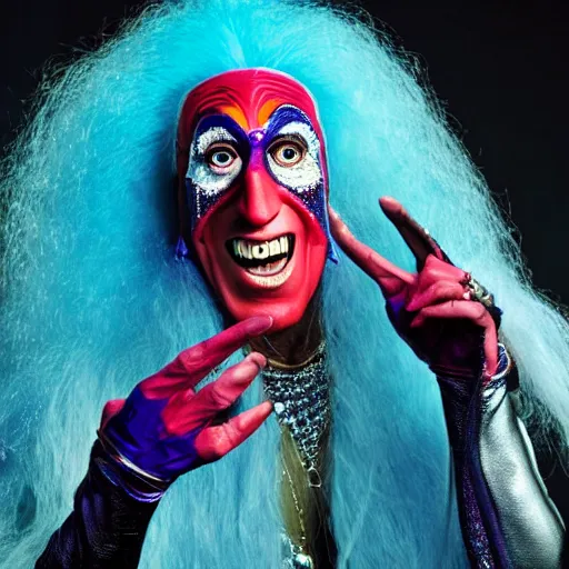 Prompt: UHD color candid photo of Dee Snider dressed as cosmic Freakazoid, accurate face, vivid colors, UHD photorealistic correct face photo by Annie Leibowitz