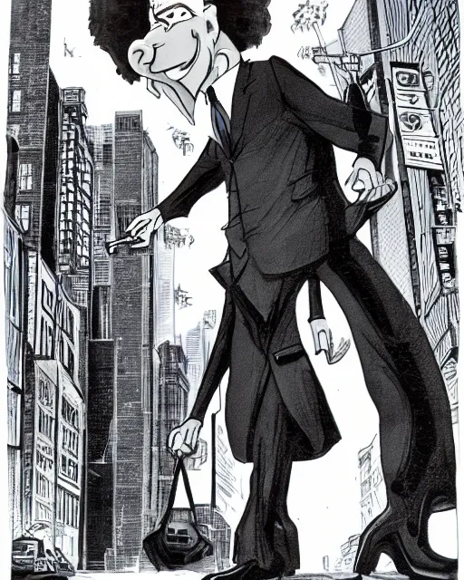 Prompt: smug male antagonist in suit, uptown city street, artwork by ralph bakshi