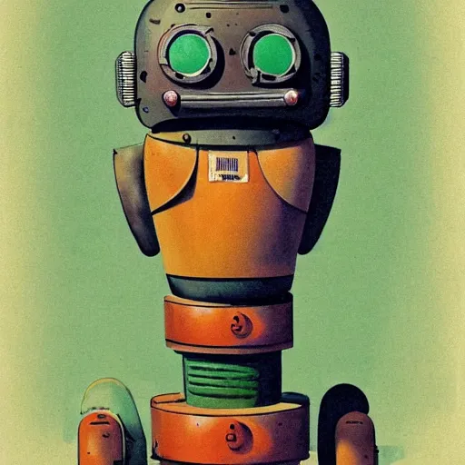 Prompt: a 1950s retro Cactus robot, with space above the head. Bionic cacti Arms and eyes. subject in frame, pop surrealism, muted colours. by Jean-Baptiste Monge, wide shot