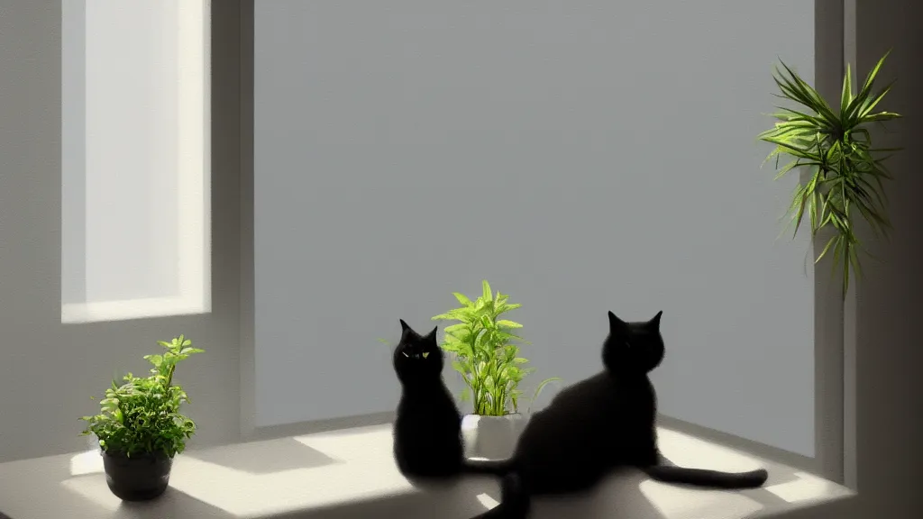 Prompt: peaceful dreamy painting of a content black cat sitting by a window and looking outside, sunshine coming through the window, small plants on the window sill, 8k, hyper realism, trending on artstation, octane render, concept art