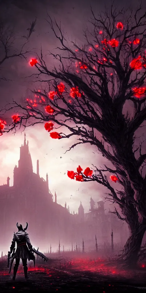 Image similar to abandoned bloodborne old valley with a person at the centre and a ruined gothic city at the end of the valley, trees and stars in the background, falling red petals, epic red - orange moonlight, perfect lightning, wallpaper illustration by niko delort and kentaro miura, 4 k, ultra realistic