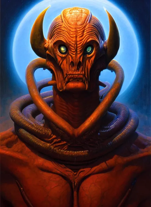 Prompt: cinematic bust portrait of extraterrestrial shaman, head and chest only, exotic alien features, Tim Hildebrandt, Wayne Barlowe, Bruce Pennington, donato giancola, larry elmore, oil on canvas, masterpiece, trending on artstation, featured on pixiv, cinematic composition, dramatic pose, beautiful lighting, sharp, details, hyper-detailed, HD, HDR, 4K, 8K