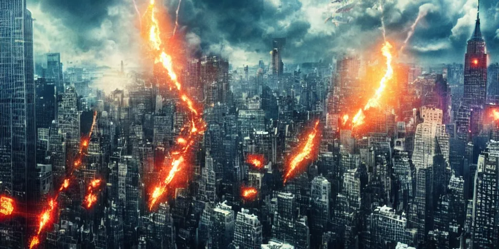 Image similar to A Cyber Kaiju Attacking new york, cinematic, Michael bay movie