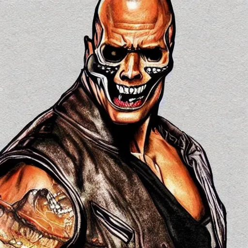 Prompt: a sketch of a two - faced dwayne johnson as ghost rider, right face showing skull, gta cover art