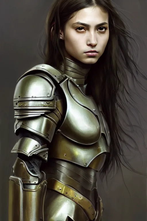 Image similar to a photorealistic painting of an attractive young girl, partially clothed in metal-plated battle armor, olive skin, long dark hair, beautiful bone structure, symmetrical face, perfect eyes, intricate, elegant, digital painting, concept art, illustration, sharp focus, minimal artifacts, from Metal Gear, in the style of Ruan Jia and Mandy Jurgens and Greg Rutkowski, trending on Artstation, award winning