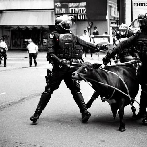 Prompt: riot police beating a cow, leica m 9, voigtlander 3 5 mm, 1 9 7 0 s