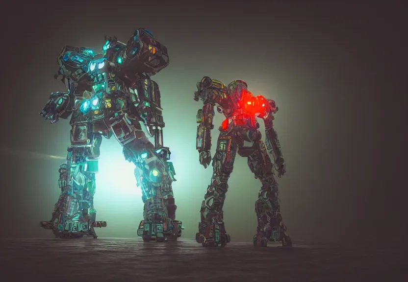 Image similar to a ultra realistic hyper realistic underexposed film photograph of an intricate neon mech warrior