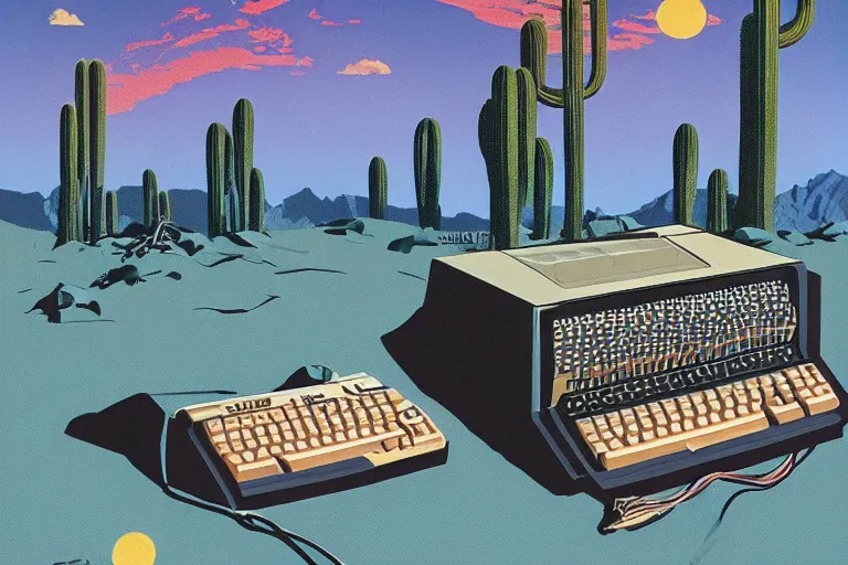 Image similar to a 1 9 8 5 electronics ad depicting a commodore 6 4 sitting on a desert trail. i'm the background is a fantasy castle. chrome font. art in the style of andy zito