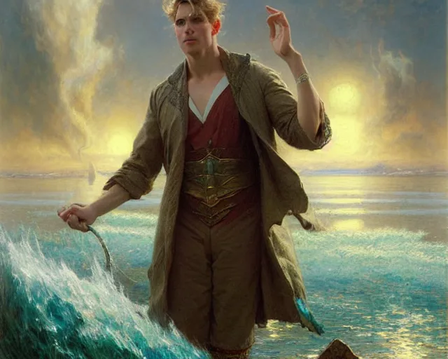 Image similar to attractive male wizard casting powerful tsunami wave spell in a beautiful lake. highly detailed painting by gaston bussiere, craig mullins, j. c. leyendecker 8 k