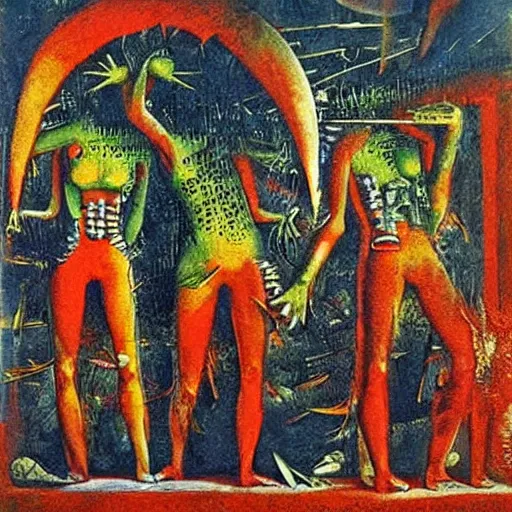Image similar to uncanny repressed emotional monsters breaking free from the unconscious in a fiery revolution, collage by max ernst