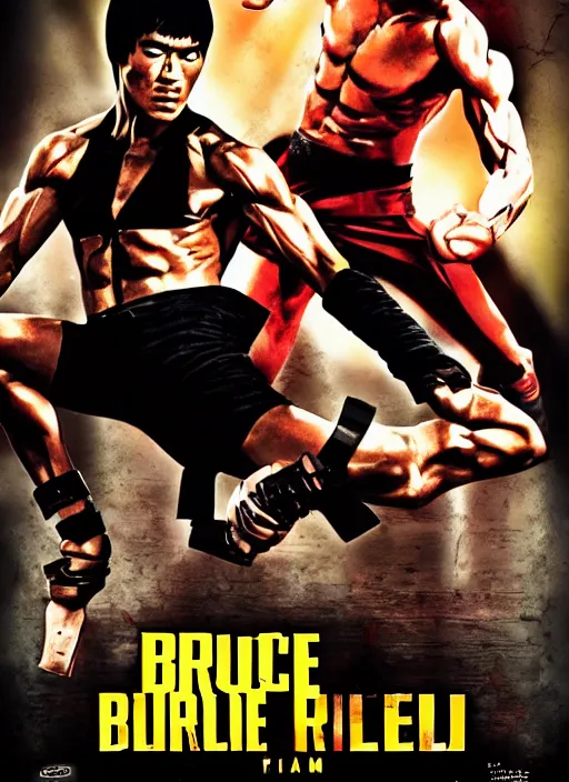 Image similar to Film poster Bruce lee fights VS cyborg terminator, full body, detailed and realistic, 4k, filmic render