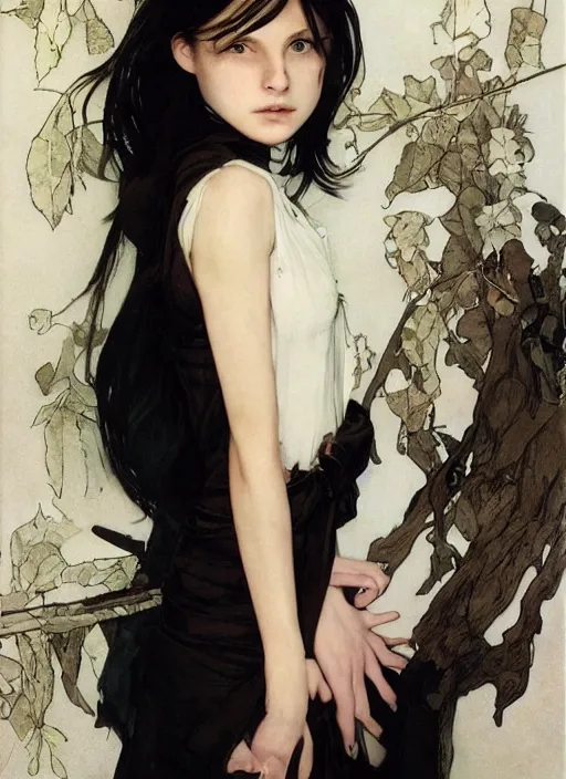 Prompt: a 1 6 year old girl eveline from resident evil 7 with straight long black hair wearing black dress that sitting on bathroom floor, photo for vogue, model エリサヘス s from acquamodels, art by artgem, greg rutkowski and alphonse mucha