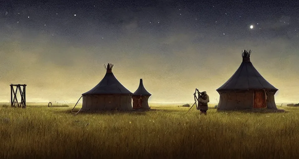 Prompt: night, stars shining, a yurt, in the steppe, summer field, in background a giant!!!!! rusty building construction of spiral upside - down stairs!!!!!, from the game pathologic 2, highly detailed, sharp focus, matte painting, by isaac levitan and asher brown durand,