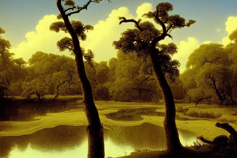 Image similar to painting of a old tree next to a meandering river by martin johnson heade