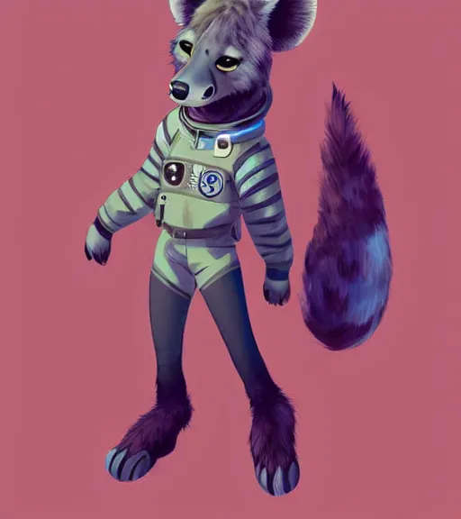 Image similar to full body digital artwork of furry female hyena, in style of zootopia, fursona, furry, furaffinity, deviantart, wearing astronaut outfit, floating in space, cyberpunk, detailed face, style of artgerm,