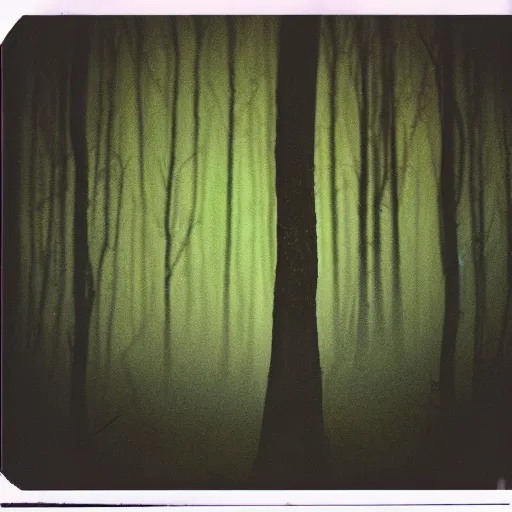 Image similar to glowing symbols on a tree in a forest clearing at night, old polaroid, expired film, blurry, lost footage, found footage, creepy,