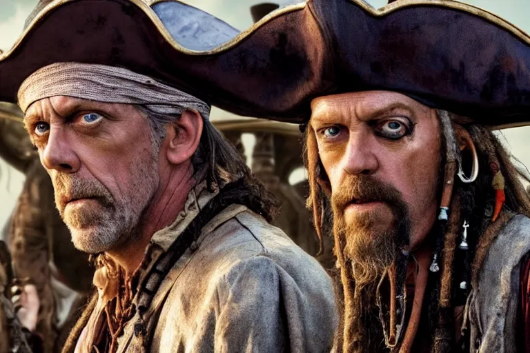 Image similar to promotional image of hugh laurie as a pirate captain in the new Pirate of the Carribean movie, very detailed face, movie still frame, promotional image, imax 70 mm footage