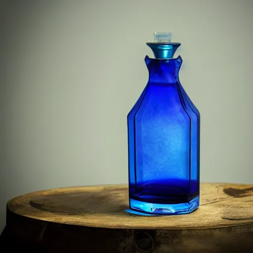 Image similar to a studio photo of a blue mana potion in a beautiful looking flask, dramatic lighting