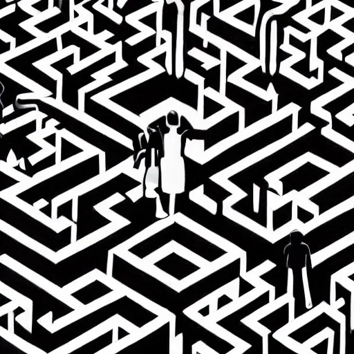 Image similar to people lost in a maze surreal painting monochrome isometric