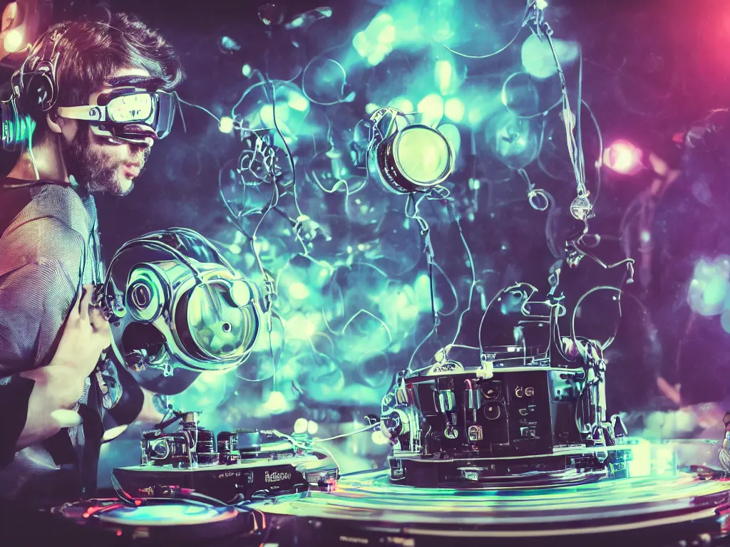 Image similar to a person wearing goggles and visor and headphones using a steampunk record player contraption, wires and tubes, turntablism dj scratching, intricate planetary gears, cinematic, imax, sharp focus, leds, bokeh, iridescent, black light, fog machine, hazy, lasers, hyper color digital art