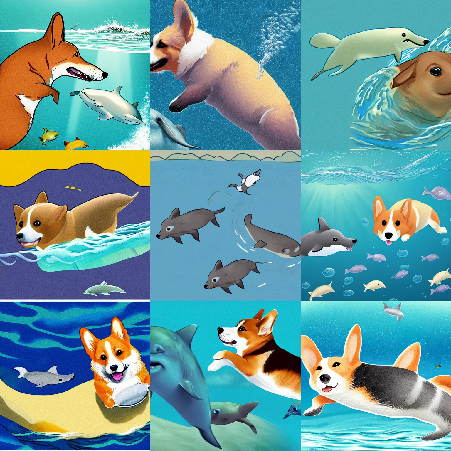 Image similar to illustration of a corgi diving in deep ocean, dolphins around it